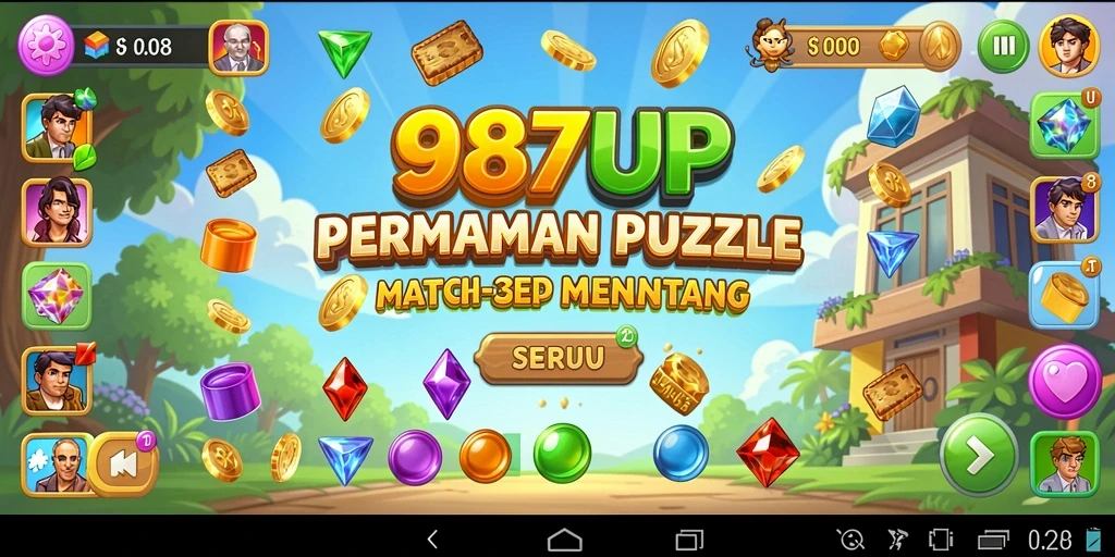 Gameplay seru 987UP yang penuh warna dalam pertarungan match-3.