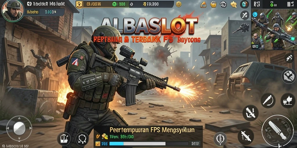 Screenshot gameplay ALBASLOT menunjukkan aksi tembak-menembak yang intens.
