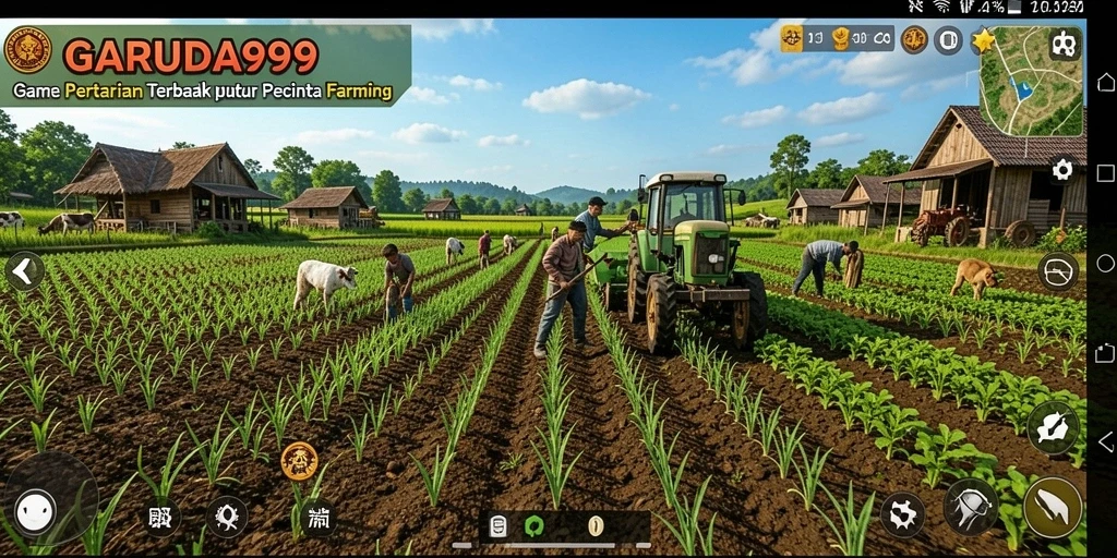 Tampilan gameplay <strong>GARUDA999</strong> yang menampilkan ladang dengan berbagai tanaman.