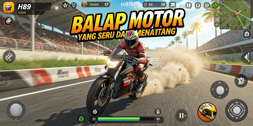 Tangkapan layar H89 menunjukkan balapan motor yang intens dan realistis.