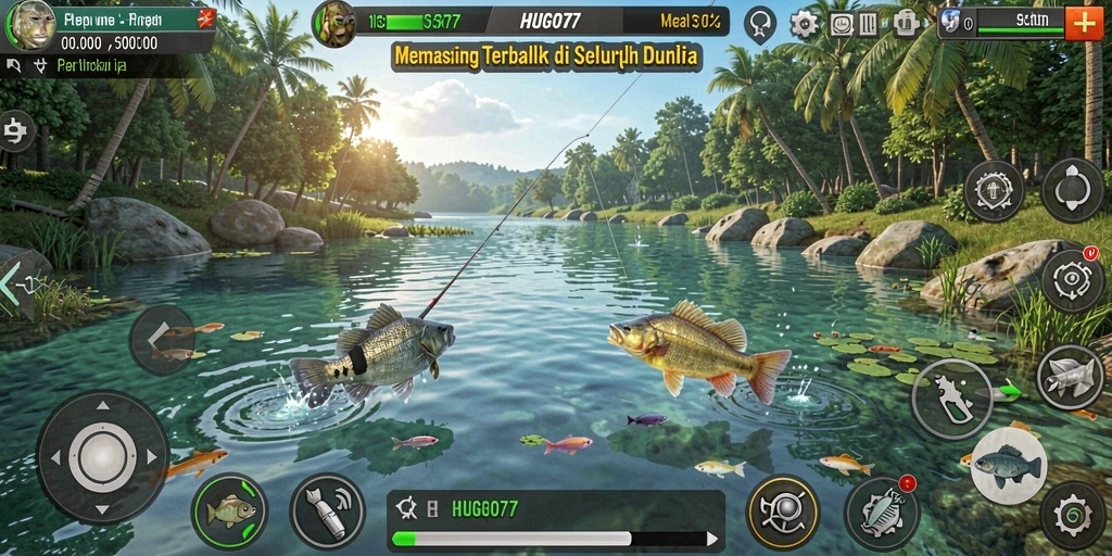 Tampilan gameplay HUGO77 yang mendebarkan saat memancing ikan.