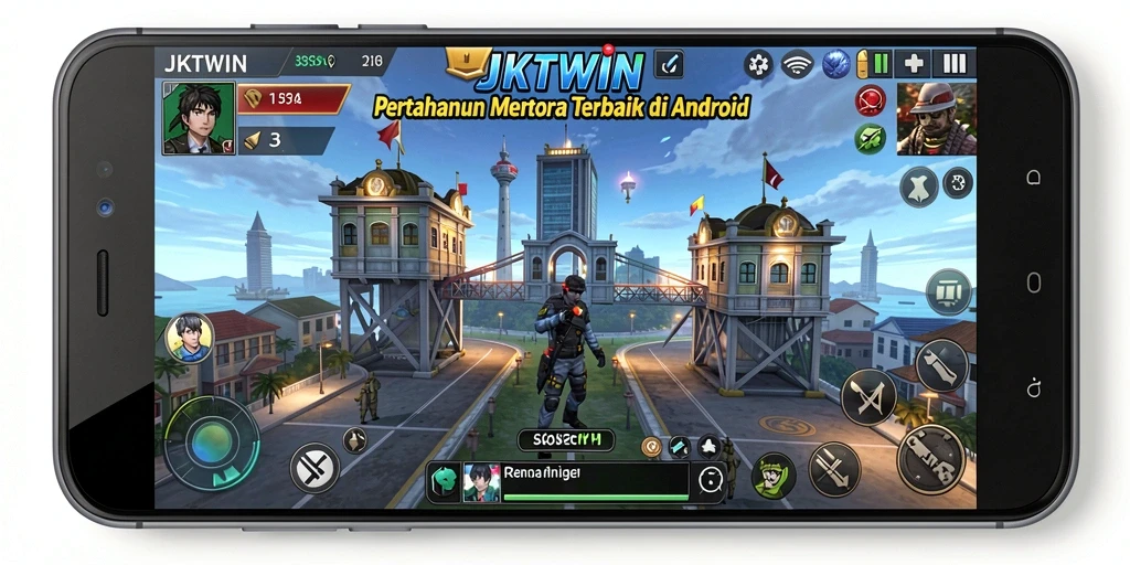 Tampilan gameplay JKTWIN yang menampilkan menara dan strategi pertahanan.