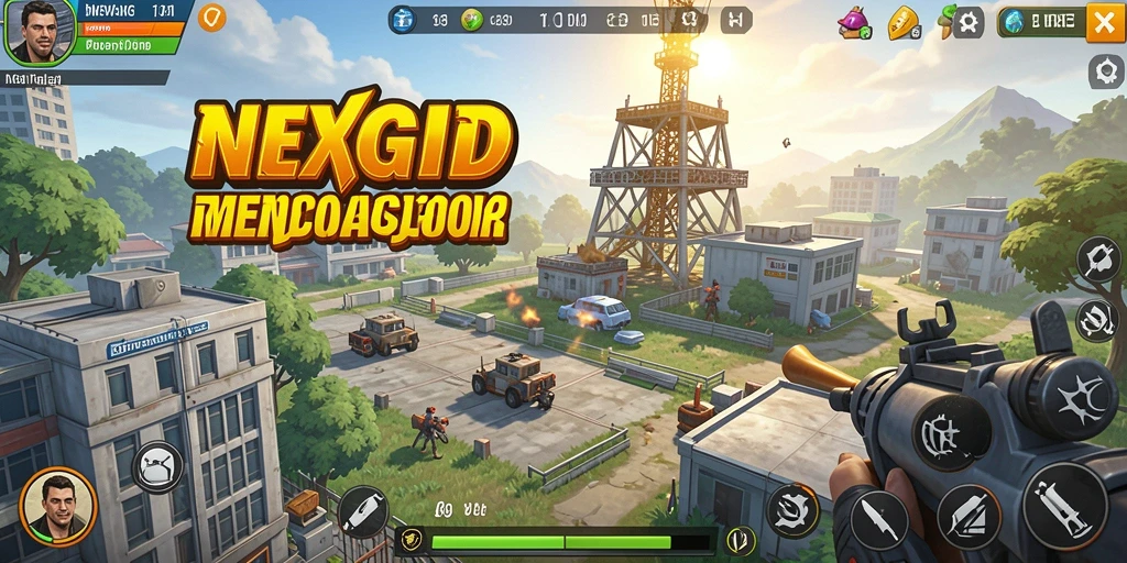 Screenshot gameplay menampilkan pertahanan menara di NEXGID dengan serangan musuh.