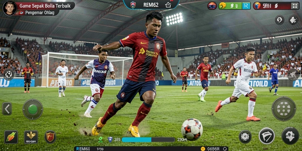Screenshot utama gameplay <strong>REMI62</strong> menampilkan aksi sepak bola yang mendebarkan.