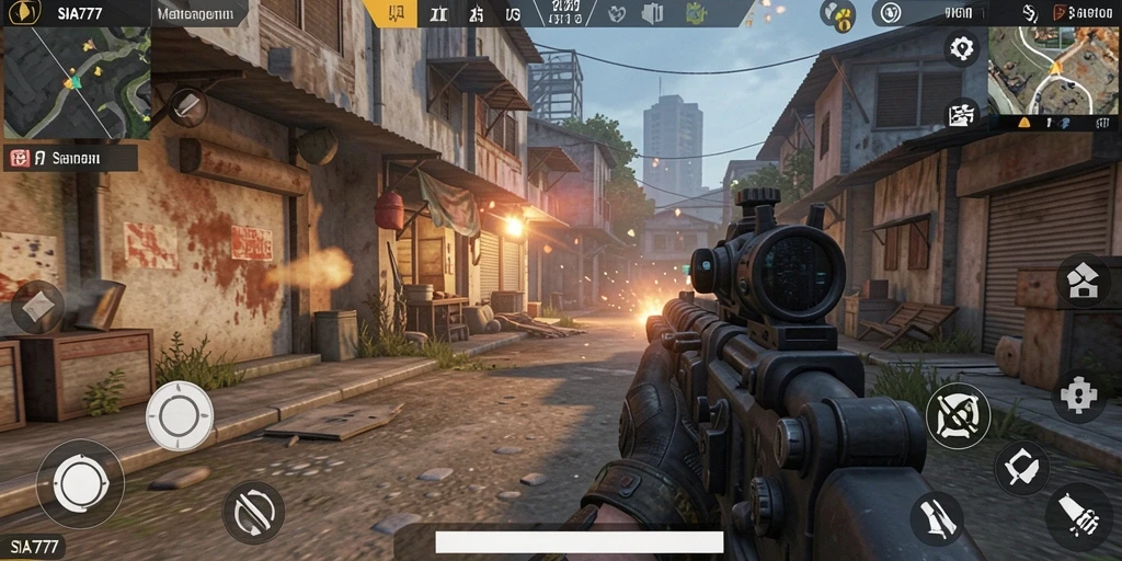 Tampilan gameplay intens dari SIA777 dengan aksi tembak-menembak.