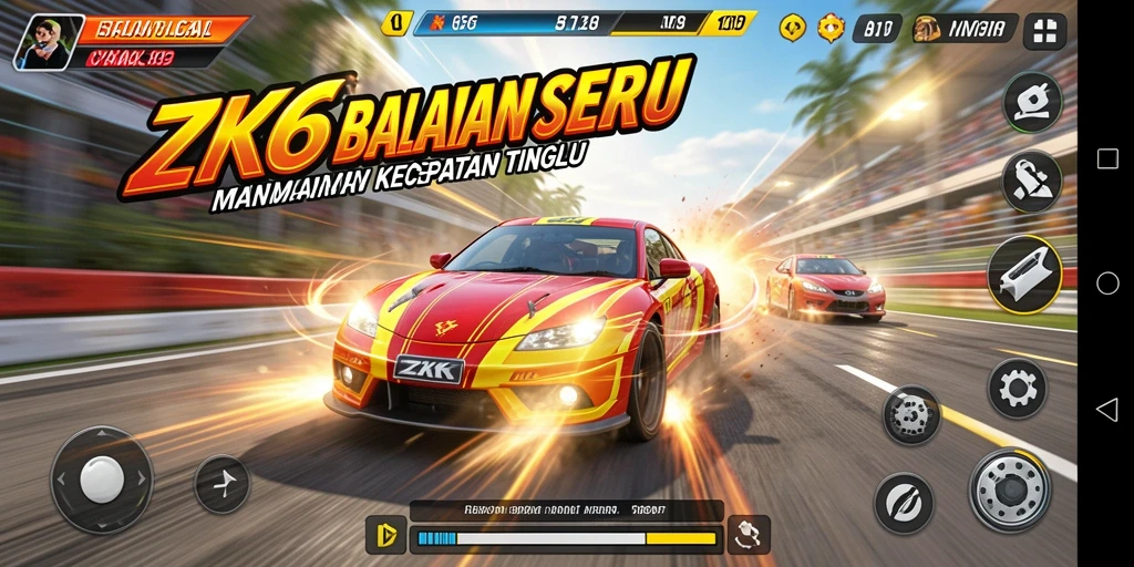 Screenshot gameplay ZK6 menampilkan mobil balap melaju kencang di trek menantang.
